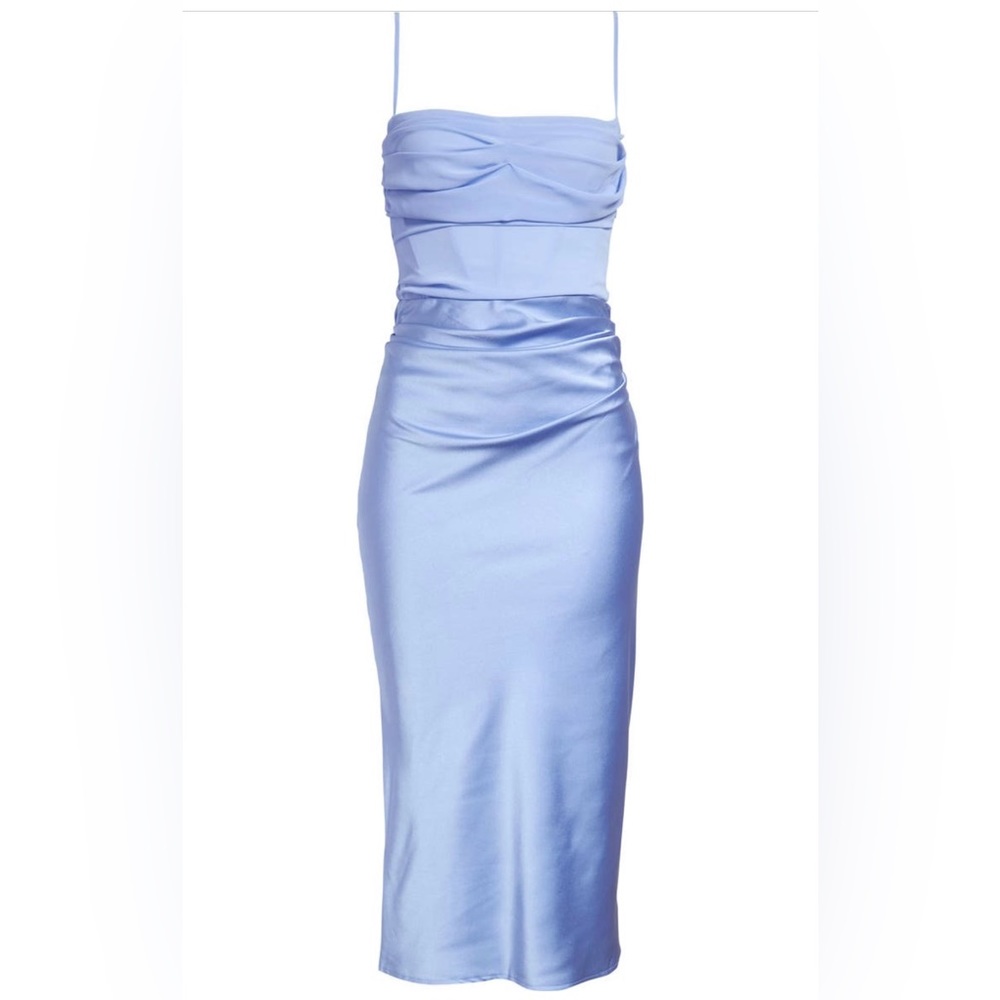 House of CB Teia Blue Dress - Mixed Media Satin Georgette Midi Dress. XS